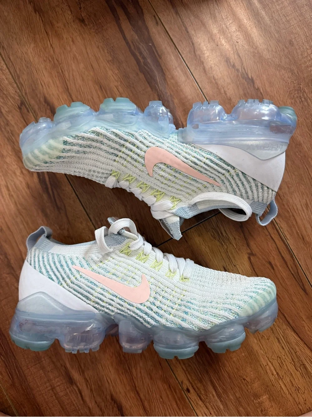 Nike VaporMax Flyknit 3 Sneakers in White/Light Blue with Pink Swoosh